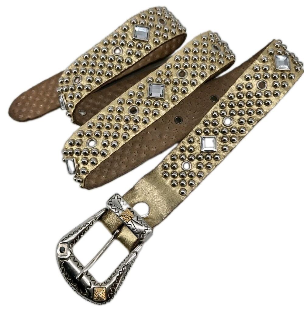 Vtg 80s Metallic Gold Leather Studded Rhinestone Belt Sand Castle 35" XL ***Read